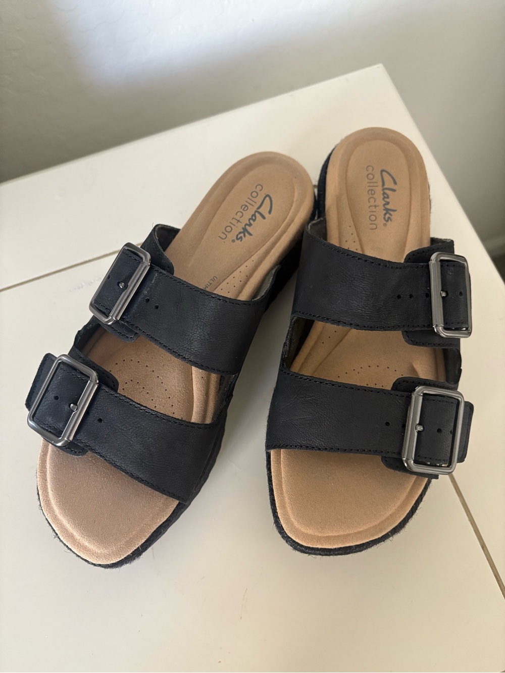 Clarks Black Double-Buckle Comfort Slide Sandals